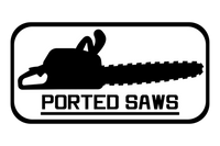 Black silhouette of a chainsaw with 'Ported Saws' text on a white background